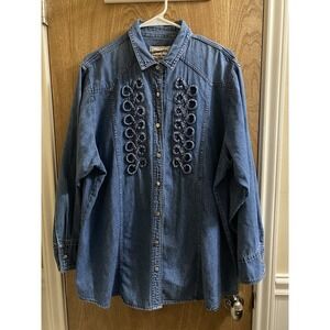 WRANGLER Vintage Western Wear for Women Blue Denim Ruffle Long Sleeve Cotton  L